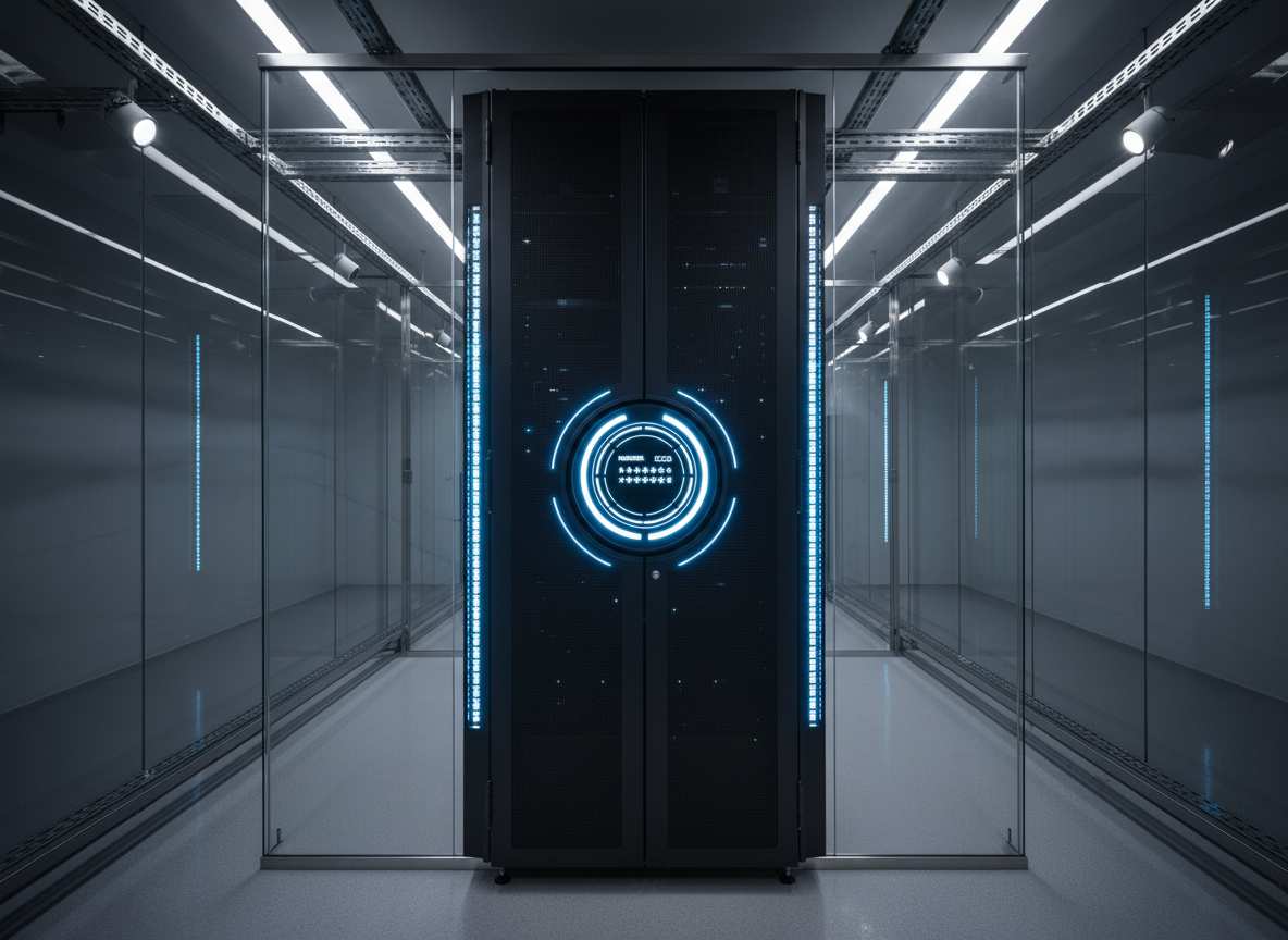 A high-security server rack standing in a spotless glass-walled data center, its matte black metal doors closed and secured with a glowing digital lock displaying a strong passcode interface. Blue and white LED status lights run in precise vertical lines along the servers, reflecting subtly on the polished epoxy floor. Cool, directional overhead lighting creates crisp highlights on the hardware edges and soft, controlled shadows beneath the cabinets. Shot at eye level with a slightly wide angle, the composition uses leading lines of floor cable trays and ceiling rails to draw the eye toward the lock. The atmosphere is professional, ultra-modern, and orderly, captured in clean photographic realism for a corporate security website hero image.