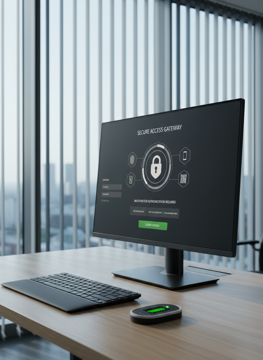 A secure workstation setup in a modern corporate office, featuring a slim, matte-black monitor on a tidy desk displaying a detailed login screen with multi-factor authentication prompts, security badges, and a lock icon. The desk is a light oak surface with a minimal keyboard and an encrypted hardware token resting beside it. Floor-to-ceiling windows in the background reveal a faint, out-of-focus skyline, while subtle blinds filter in cool morning daylight. The lighting creates a gentle glow on the monitor bezel and soft shadows under the peripherals. Shot from a slightly elevated three-quarter angle with moderate depth of field, the composition balances the monitor as the main subject. The mood is professional, calm, and reassuring, rendered in realistic, corporate photographic style.