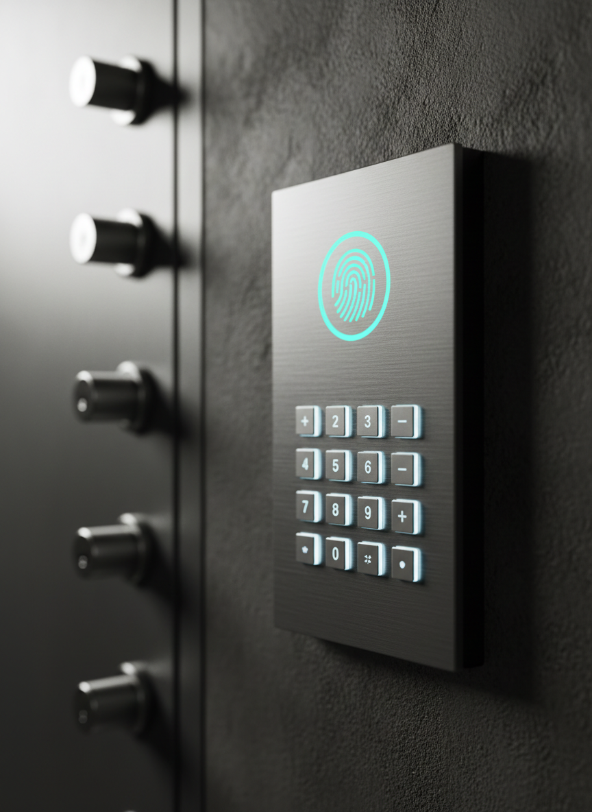 A close-up of a brushed steel biometric access panel mounted on a dark, textured concrete wall, displaying an illuminated fingerprint icon and a sharp, minimalist keypad with crisp white backlighting. A reinforced door edge with visible deadbolt mechanisms is partially in frame, hinting at formidable protection. Soft, diffused studio lighting grazes the metal surface, revealing fine texture and subtle reflections while casting a gentle shadow on the wall. Captured from a slightly angled macro perspective with a shallow depth of field, the background falls into a smooth blur, emphasizing the panel’s precision details. The mood is sophisticated, technical, and trustworthy, rendered in high-end photographic realism to symbolize cutting-edge identity security.