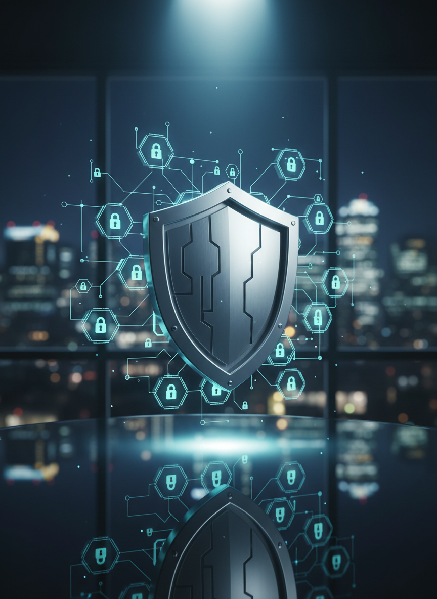 An abstract representation of digital identity security shown as a three-dimensional metallic shield icon hovering above a sleek, dark glass surface. Around the shield, translucent blue and teal data lines form interconnected hexagonal nodes, each node bearing tiny padlock symbols. The background is a softly blurred city skyline at night, seen through a panoramic window, with discreet bokeh lights suggesting corporate offices. Cool, directional lighting from above highlights the shield’s beveled edges and creates a bright reflection on the glass below. Shot from a slightly low angle with a centered composition, the image feels powerful and authoritative. The photographic style is ultra-clean and modern, ideal for a cybersecurity landing page banner.